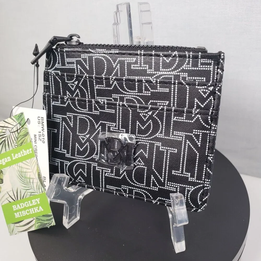 Badgley Mischka Black White Logo Monogram Mini Credit Card Holder Coin Wallet
